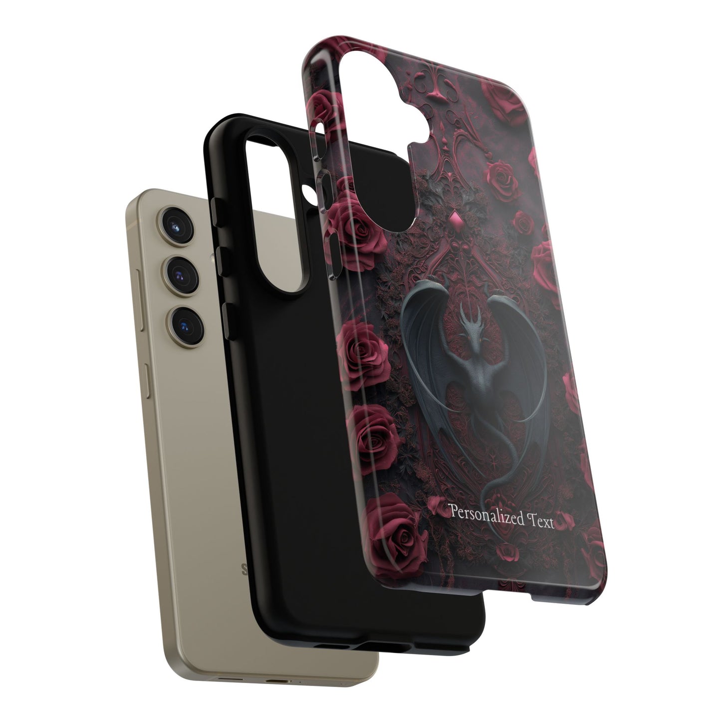 Gothic Dragon Rose Phone Case – Dark Fantasy Dragon with Crimson Roses and Optional Personalized Text
