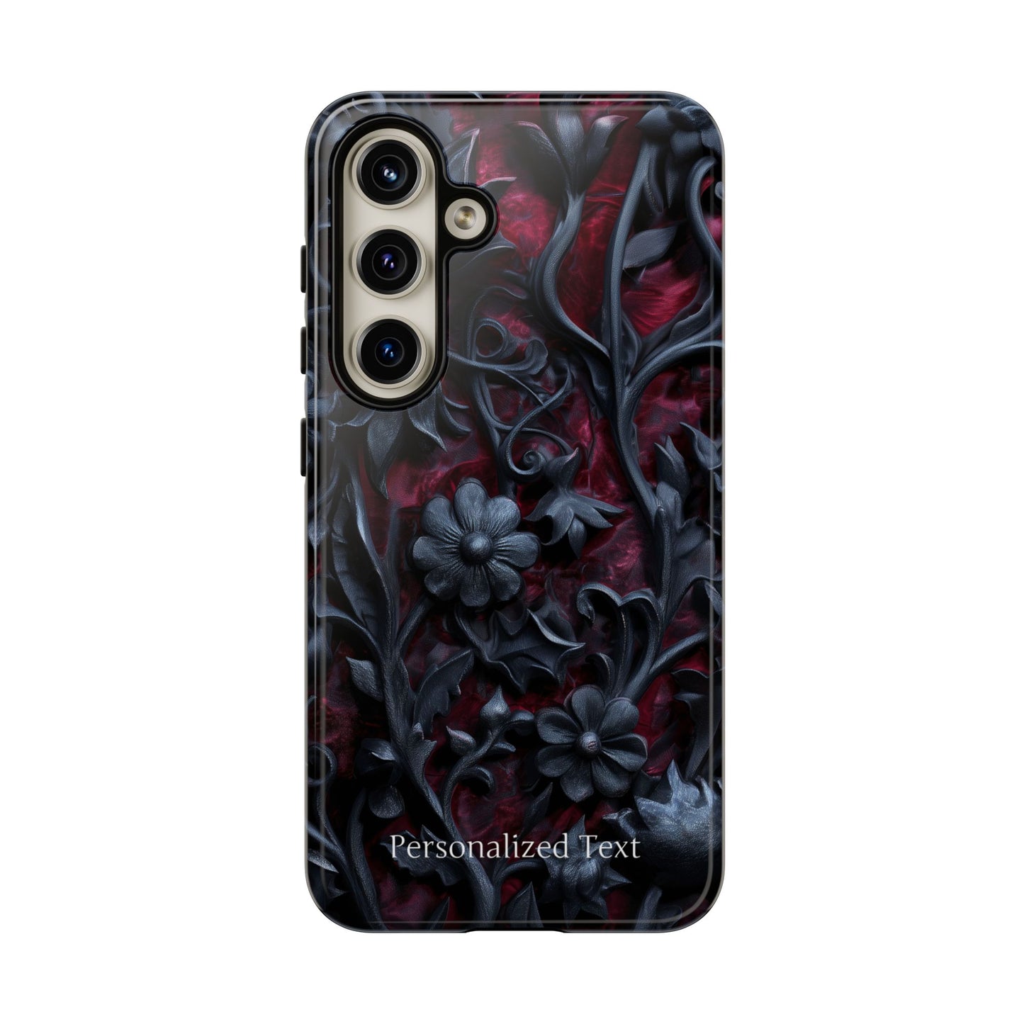 Gothic Floral Phone Case – Dark Red & Black Baroque Botanical Design with Optional Personalized Text