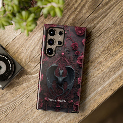 Gothic Dragon Rose Phone Case – Dark Fantasy Dragon with Crimson Roses and Optional Personalized Text