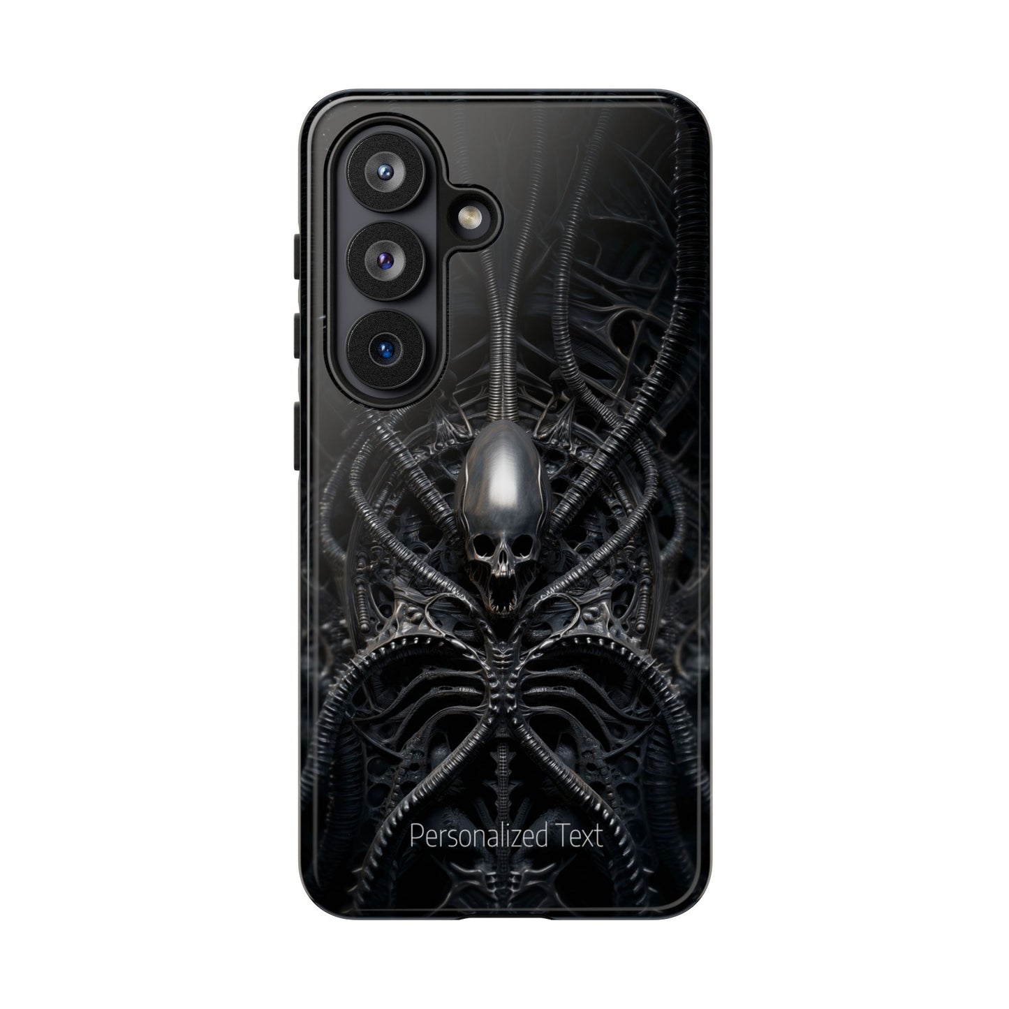 Biomechanical Skull Phone Case – Dark Sci-Fi Gothic Design with Optional Personalized Text