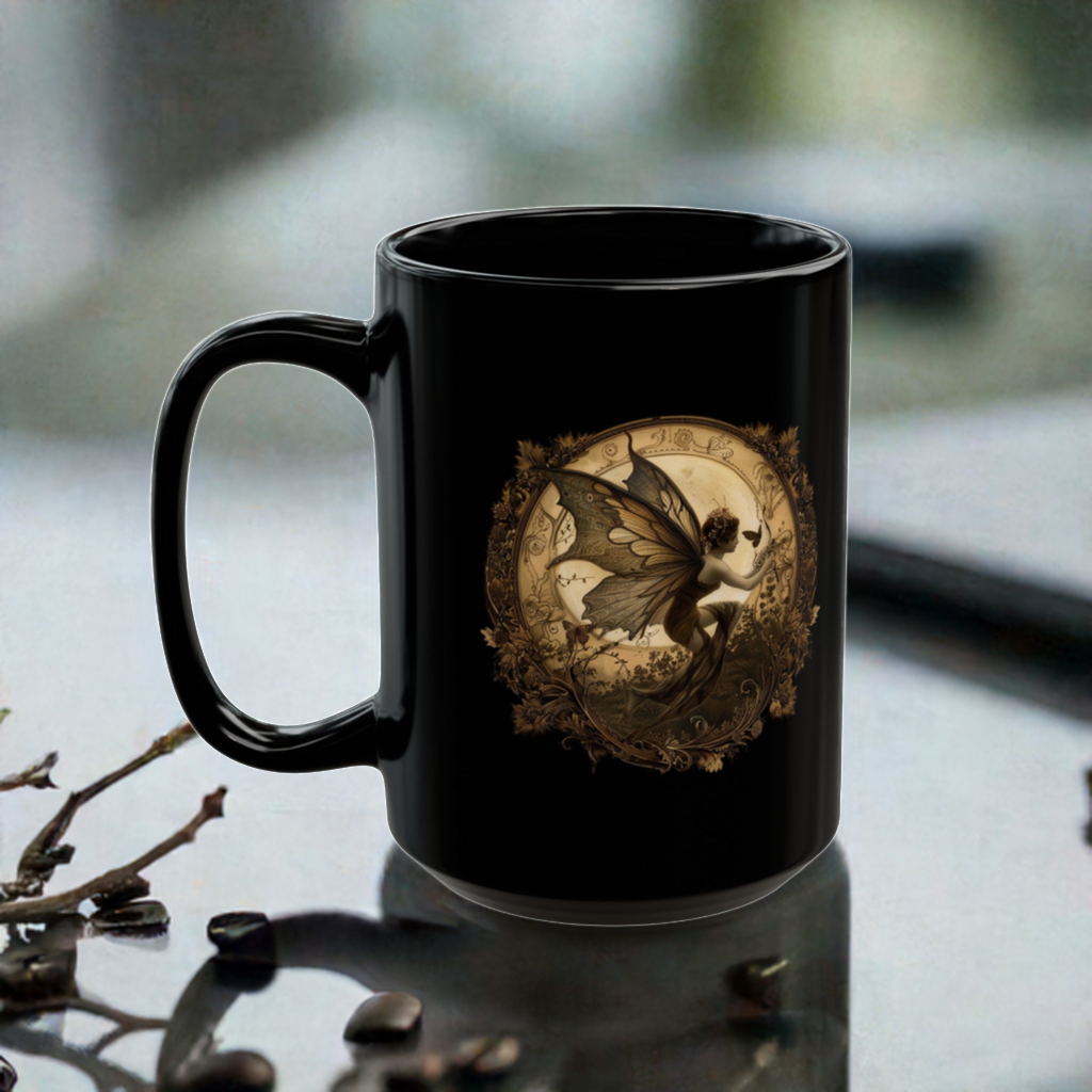 Vintage Fairy Art Black Mug - Whimsical Fairy Tale Mug with Golden Fairy Design - Unique Gift for Fantasy Lovers and Tea Enthusiasts