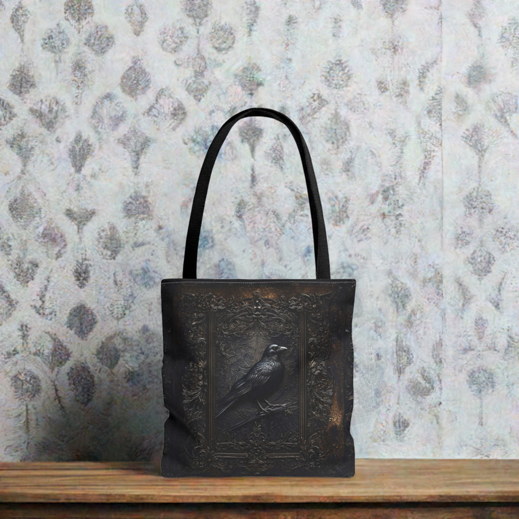 Vintage-Inspired Gothic Raven Tote Bag - Dark Aesthetic Carry-All