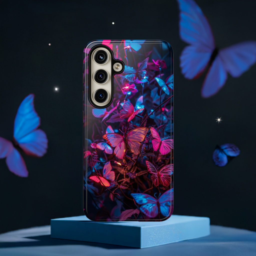 Neon Butterfly Garden Phone Case - Vibrant Nighttime Design for iPhone, Samsung Galaxy, and Google Pixel Devices