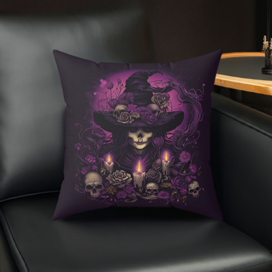 Gothic Witch and Skulls Spun Polyester Pillow - Halloween Home Decor