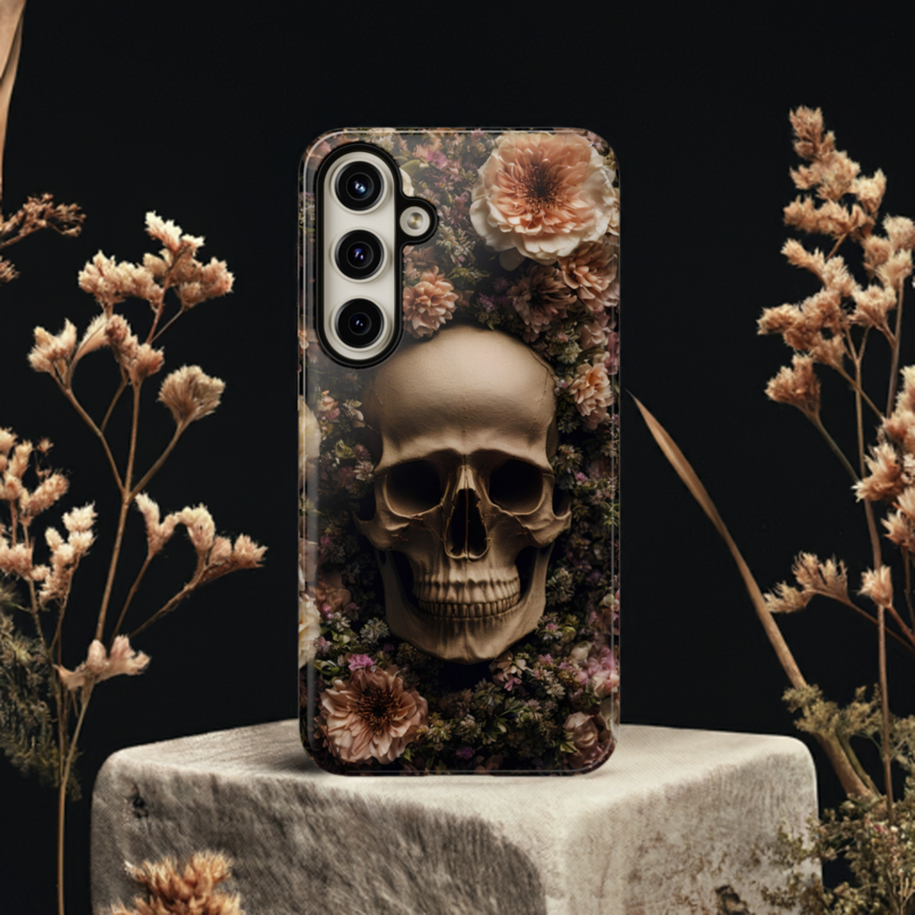 Skull and Flowers #2 Phone Case – Gothic Floral Design for iPhone, Samsung Galaxy, and Google Pixel Devices