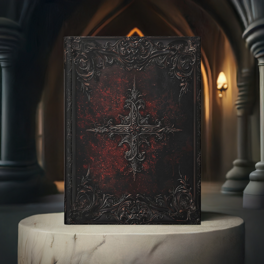 Dark Gothic Cross Notebook with Intricate Red Embossed Cover