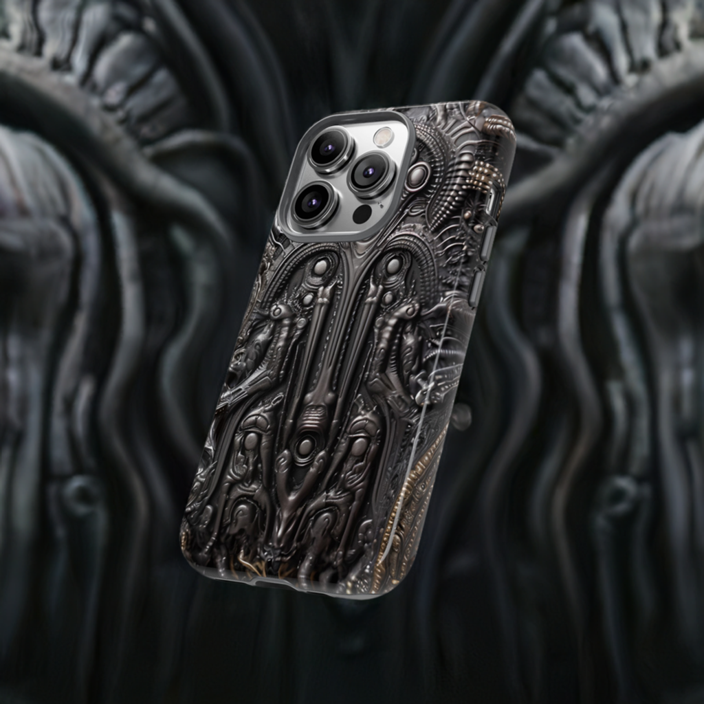 Biomechanical Horror Phone Case – Dark Sci-Fi Design for iPhone, Samsung Galaxy, Google Pixel Devices