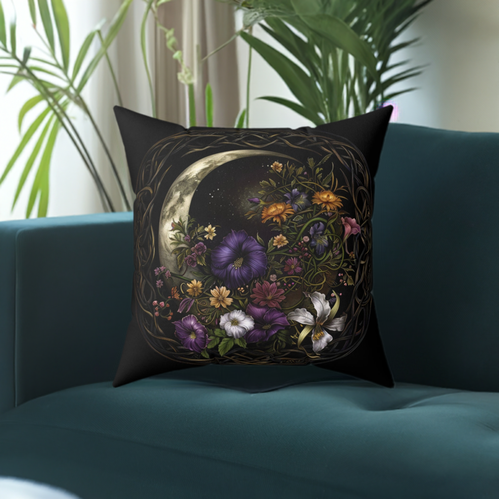 Gothic Moon Floral Art Throw Pillow - Spun Polyester Square Cushion with Moon and Flowers Design