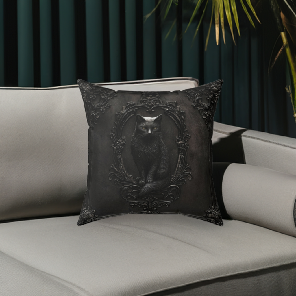 Black Cat Gothic Decor Pillow - Elegant Spun Polyester Throw Pillow with Ornate Frame Design