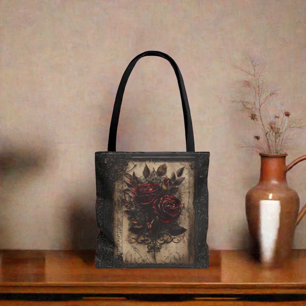 Vintage Gothic Rose Tote Bag - Dark Floral Elegance