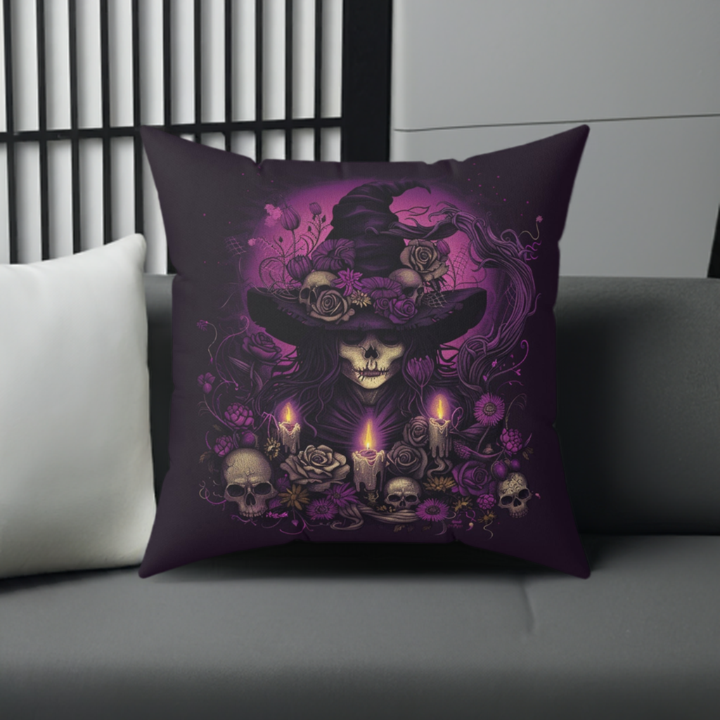 Gothic Witch and Skulls Spun Polyester Pillow - Halloween Home Decor