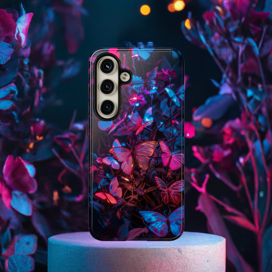 Neon Butterfly Garden Phone Case - Vibrant Nighttime Design for iPhone, Samsung Galaxy, and Google Pixel Devices