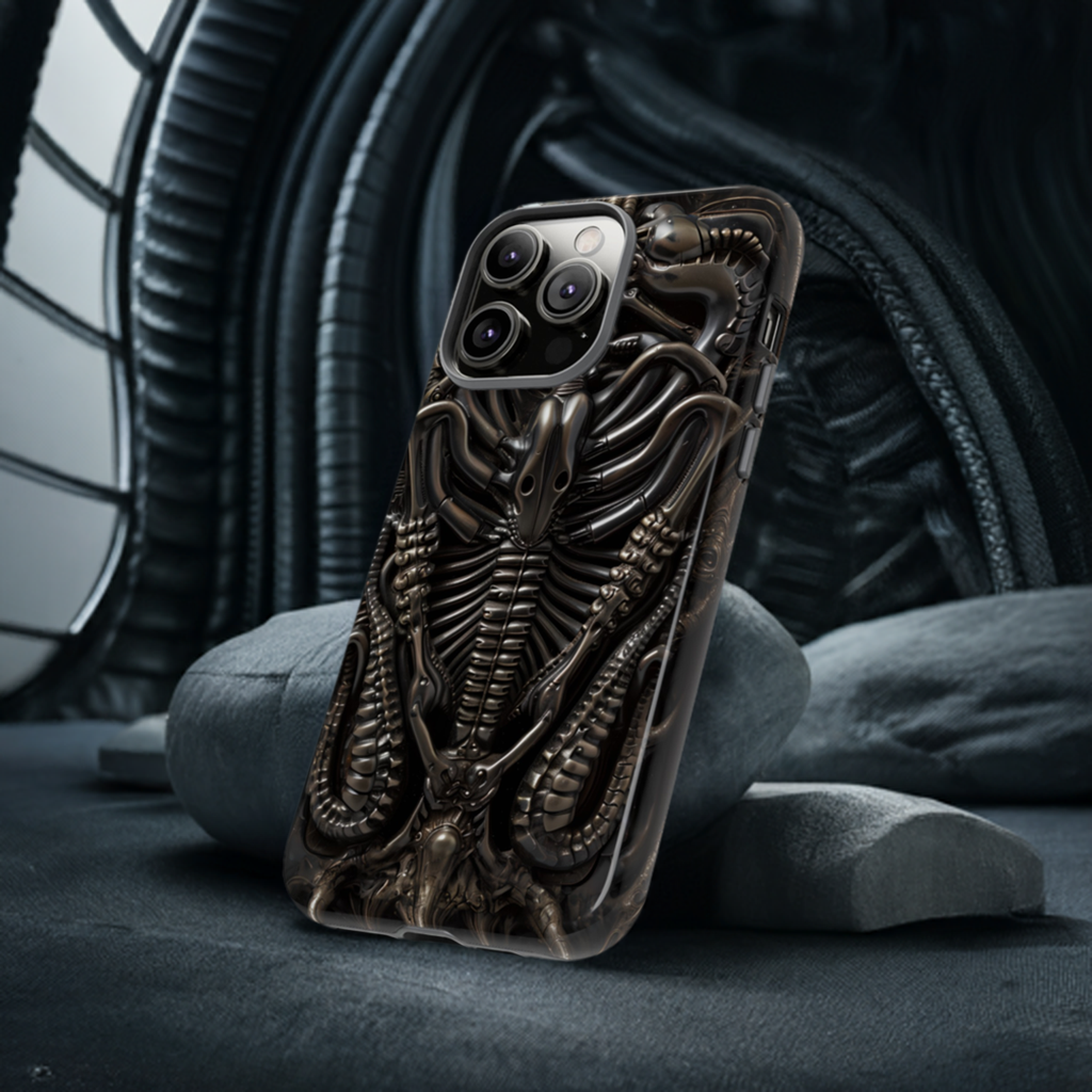 Biomechanical Nightmares Tough Phone Case – Alien Horror Design for iPhone and Samsung Galaxy Devices