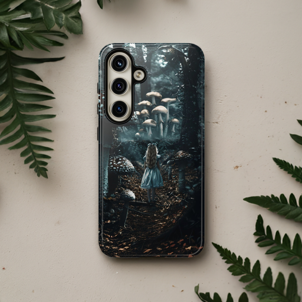 Alice in the Mushroom Forest Phone Case – Fantasy Wonderland Design for iPhone, Samsung Galaxy, and Google Pixel Devices