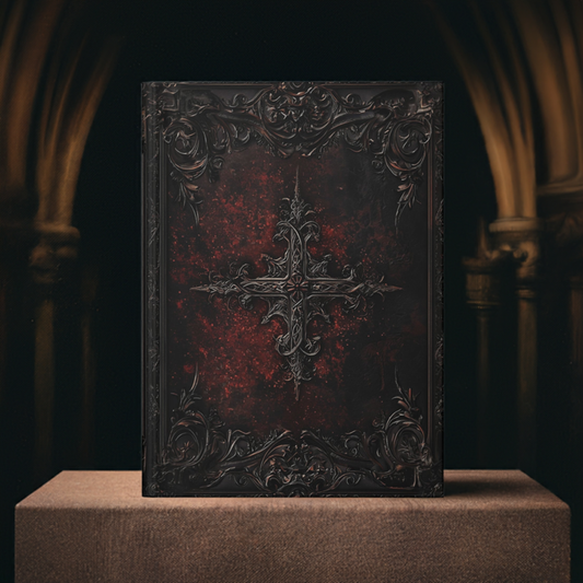 Dark Gothic Cross Notebook with Intricate Red Embossed Cover