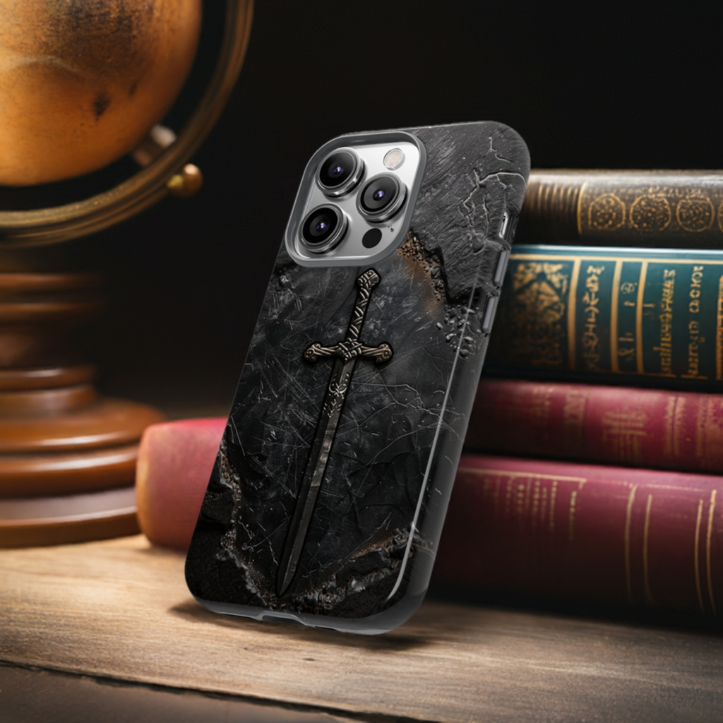 Medieval Sword Phone Case - Elegant Blade Design on Dark Stone Background for iPhone, Samsung Galaxy, and Google Pixel Devices