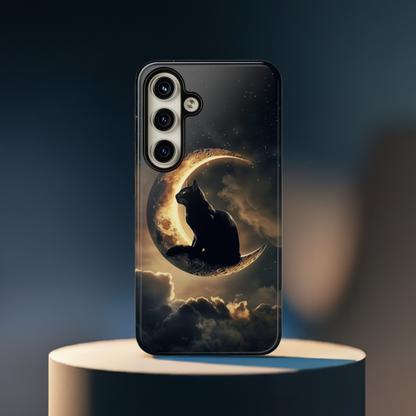 Black Cat on Crescent Moon Phone Case - Mystical Night Sky Design for iPhone, Samsung Galaxy, and Google Pixel Devices