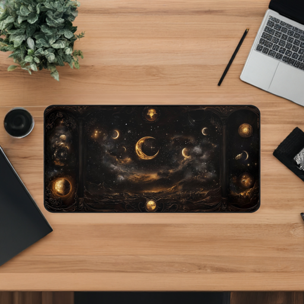 Celestial Night Sky Desk Mat - Cosmic Moon Phases Gaming Mouse Pad with Dark Starry Design