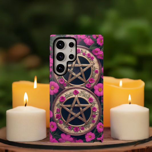 Pentacles in Pink Flowers Tough Phone Case – Mystical Floral Design for iPhone, Samsung Galaxy, and Google Pixel Devices