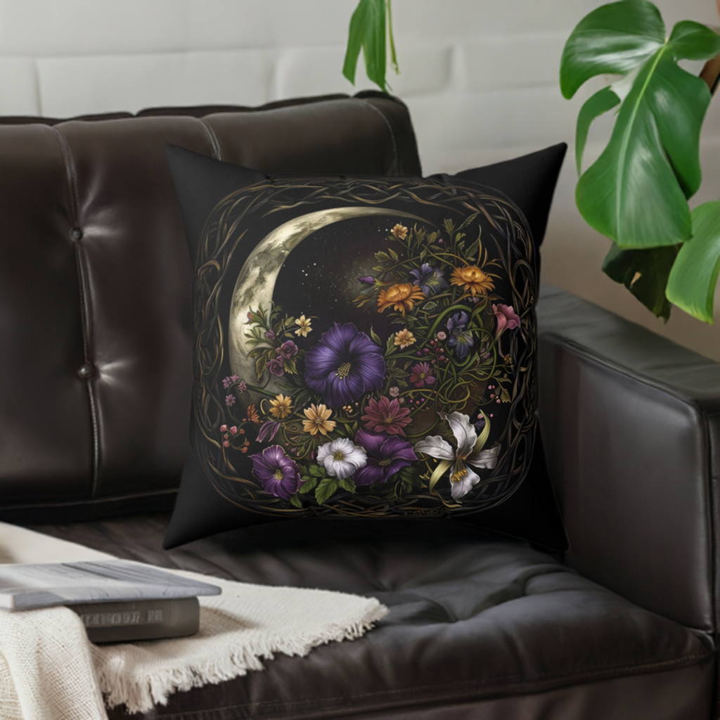 Gothic Moon Floral Art Throw Pillow - Spun Polyester Square Cushion with Moon and Flowers Design