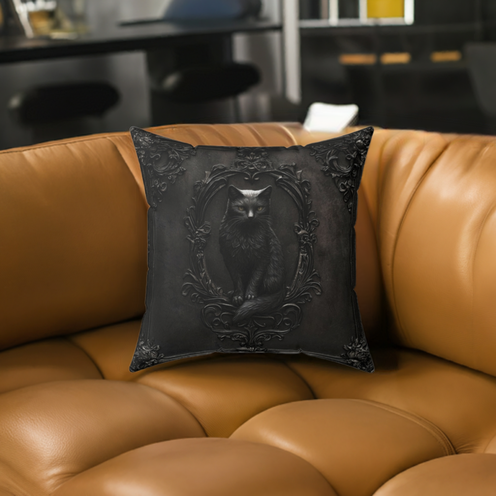 Black Cat Gothic Decor Pillow - Elegant Spun Polyester Throw Pillow with Ornate Frame Design