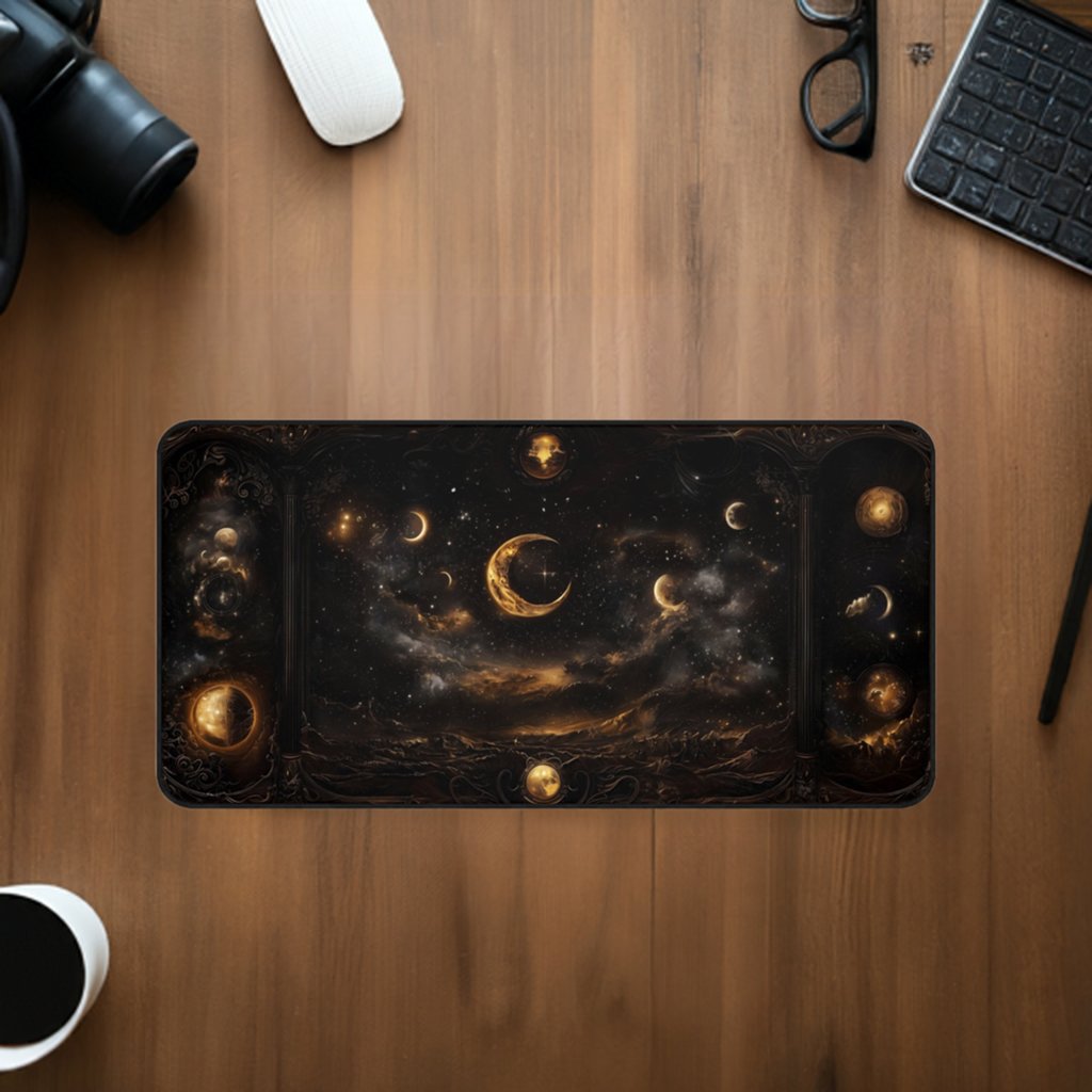 Celestial Night Sky Desk Mat - Cosmic Moon Phases Gaming Mouse Pad with Dark Starry Design