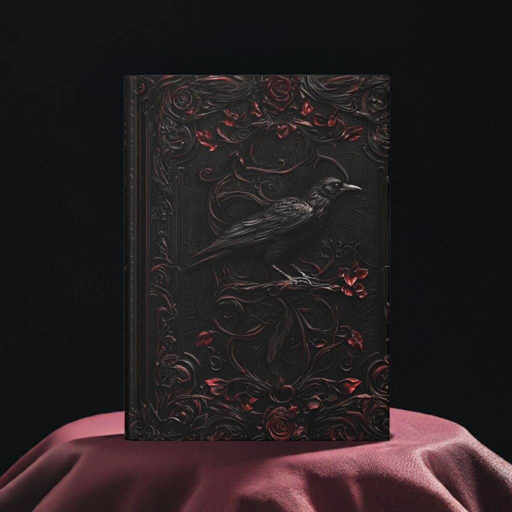 Black Raven Journal with Intricate Floral Design - Gothic Stationery