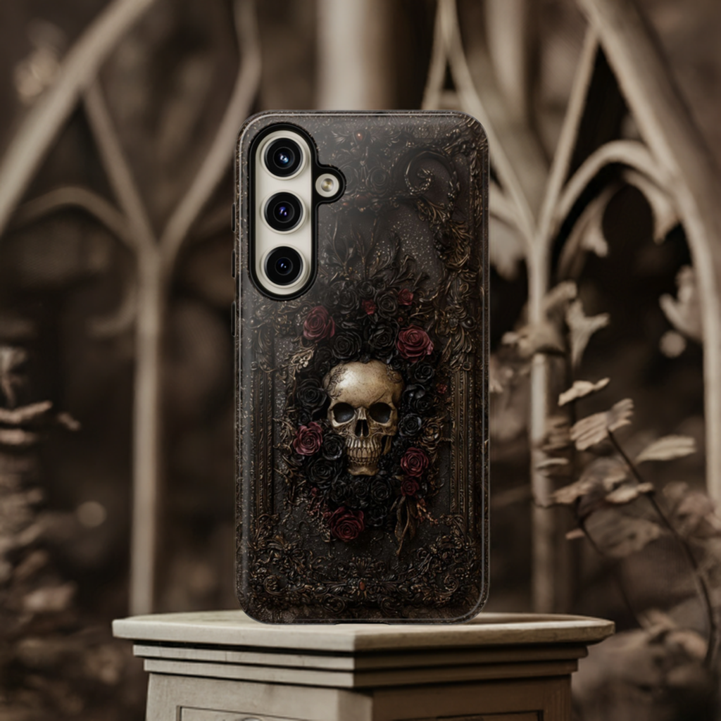 Vintage Skull and Roses Phone Case - Gothic Floral Protective Cover for iPhone, Samsung Galaxy, and Google Pixel Devices