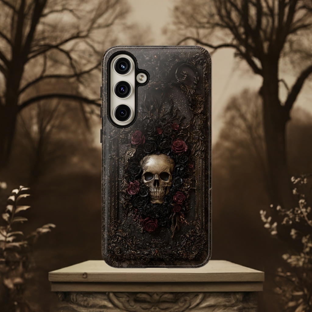 Vintage Skull and Roses Phone Case - Gothic Floral Protective Cover for iPhone, Samsung Galaxy, and Google Pixel Devices