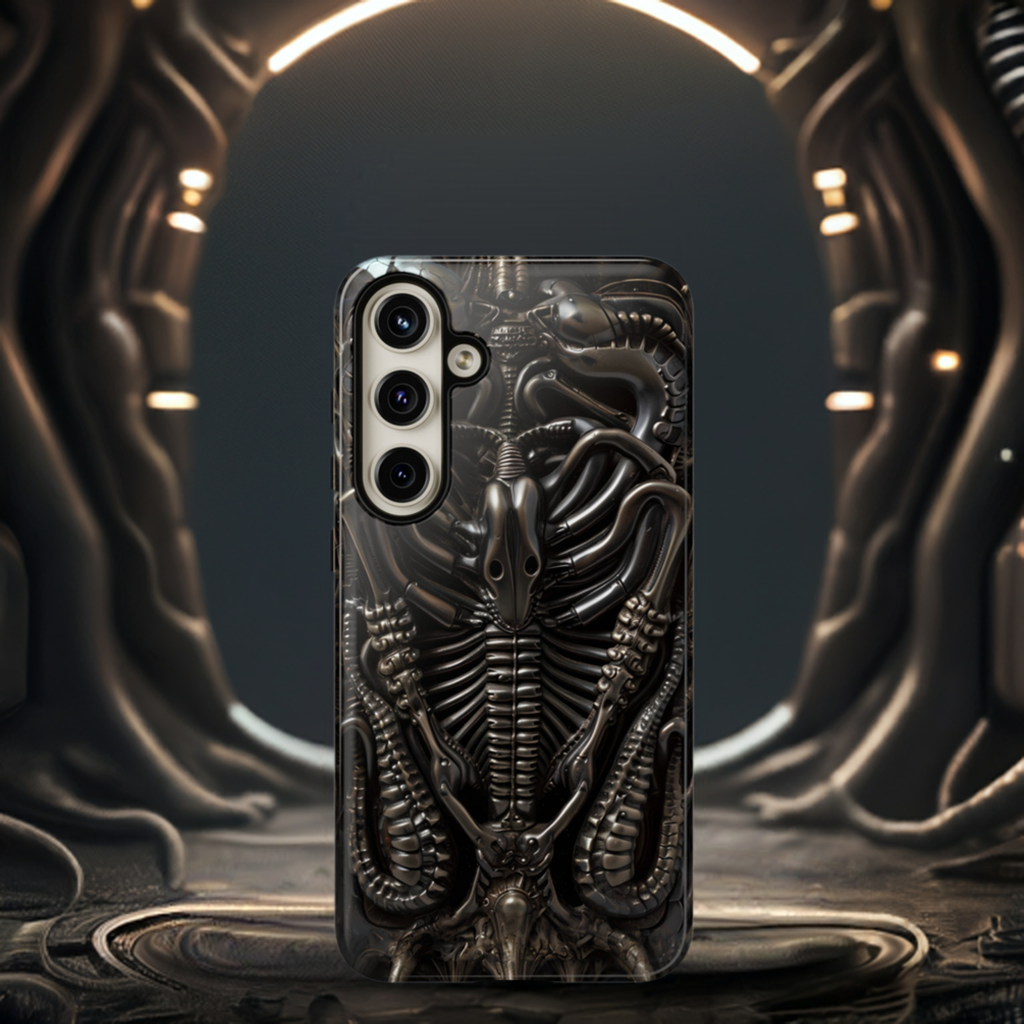 Biomechanical Nightmares Tough Phone Case – Alien Horror Design for iPhone and Samsung Galaxy Devices