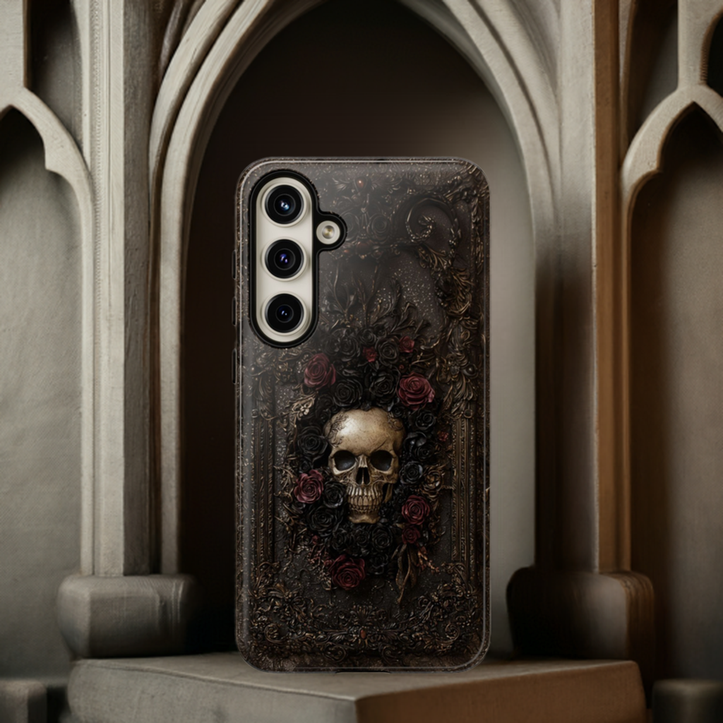 Vintage Skull and Roses Phone Case - Gothic Floral Protective Cover for iPhone, Samsung Galaxy, and Google Pixel Devices