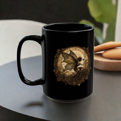 Vintage Fairy Art Black Mug - Whimsical Fairy Tale Mug with Golden Fairy Design - Unique Gift for Fantasy Lovers and Tea Enthusiasts