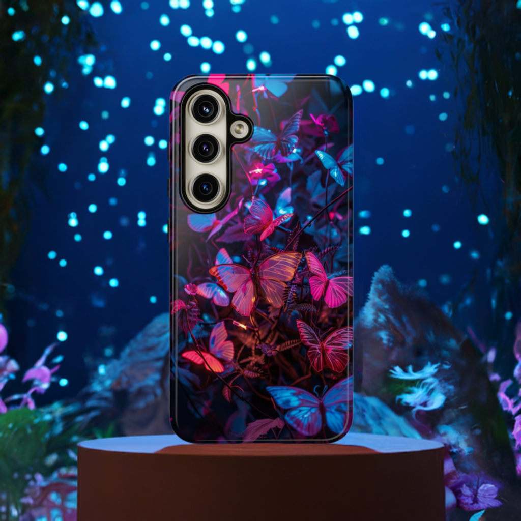 Neon Butterfly Garden Phone Case - Vibrant Nighttime Design for iPhone, Samsung Galaxy, and Google Pixel Devices