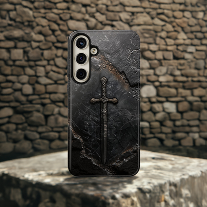 Medieval Sword Phone Case - Elegant Blade Design on Dark Stone Background for iPhone, Samsung Galaxy, and Google Pixel Devices