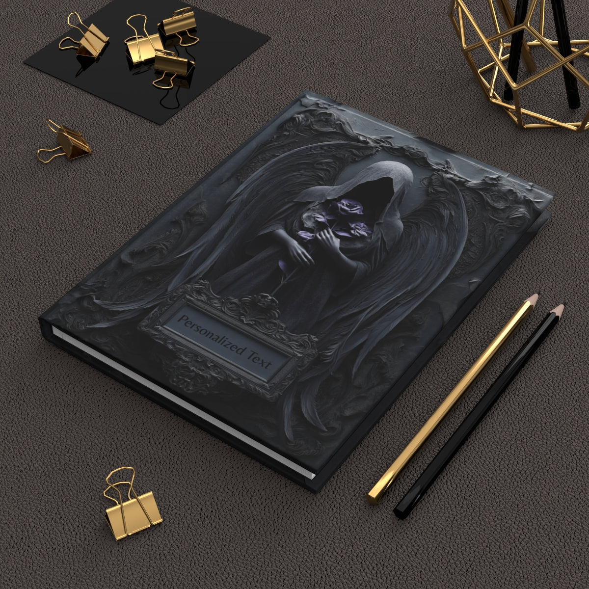 Gothic Dark Angel Journal – Grim Reaper Aesthetic Notebook with Black Wings & Optional Personalized Text