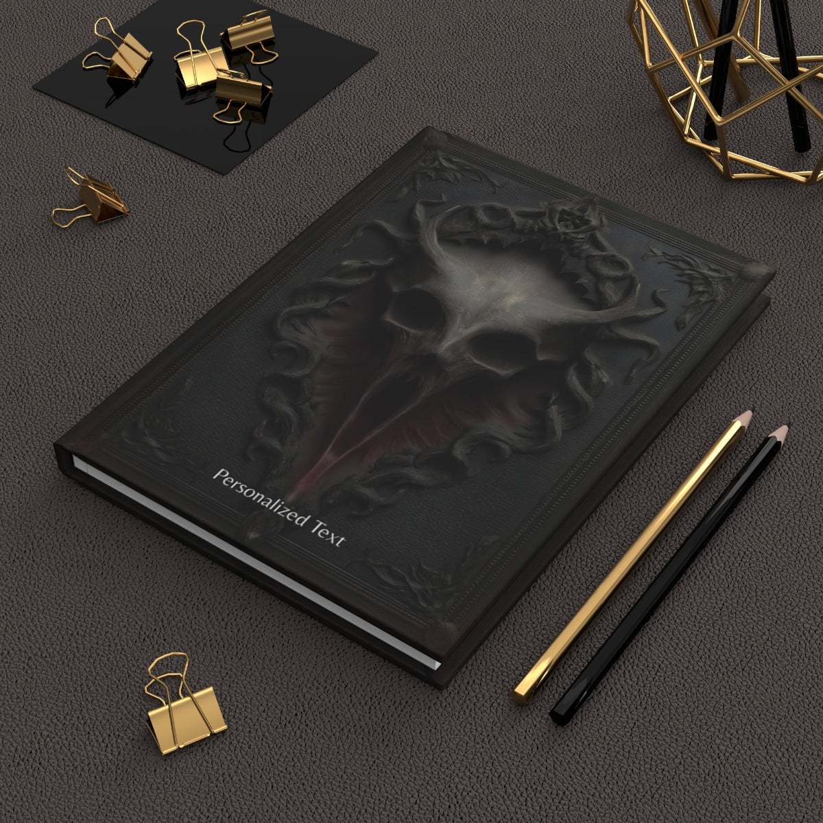 Gothic Horror Skull Journal – Dark Fantasy Demon Skull Notebook with Optional Personalized Text