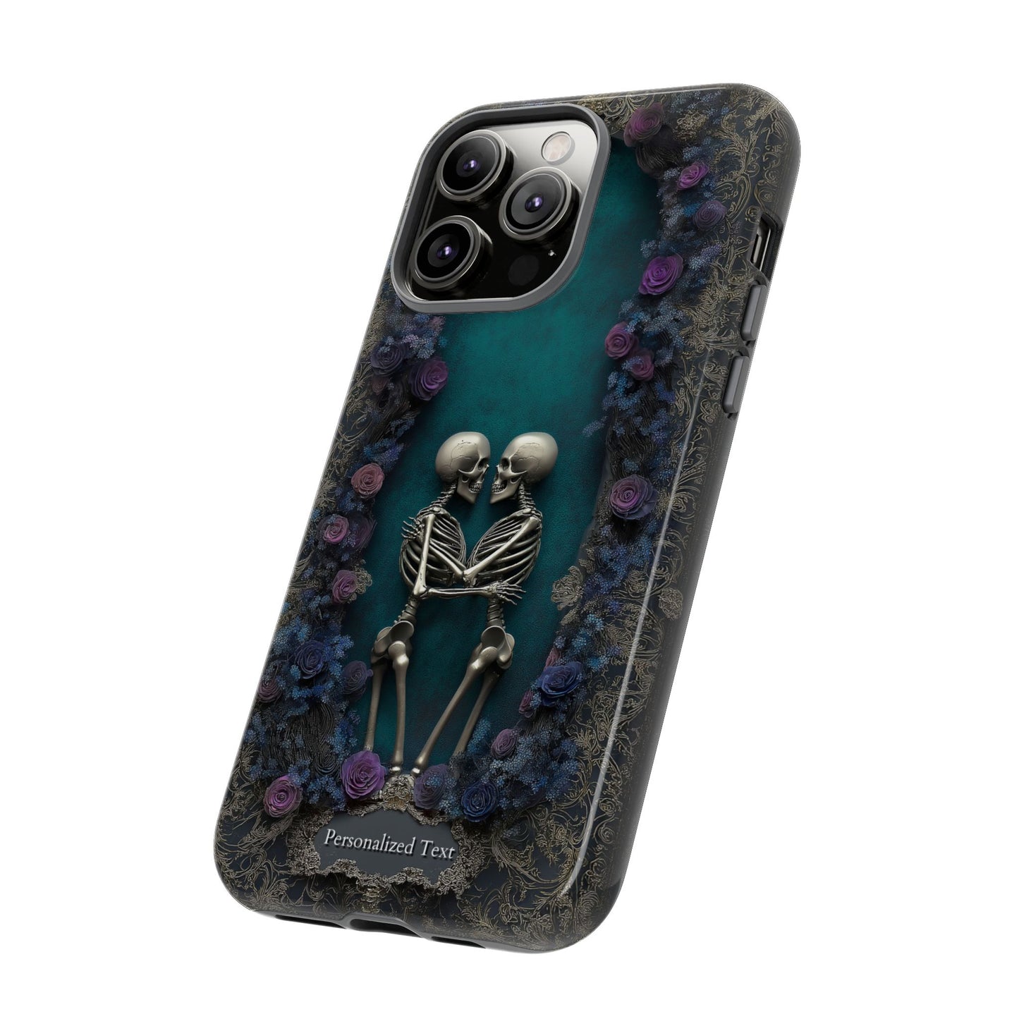 Eternal Lovers Skeleton Phone Case - Gothic Romance Design with Roses and Personalized Text Option (MATTE FINISH)