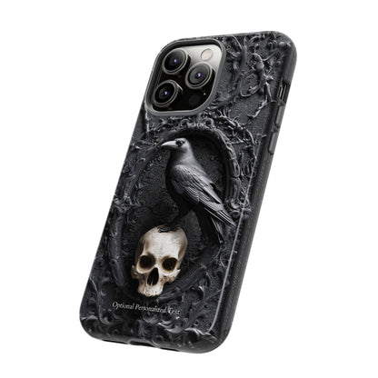 Gothic Raven and Skull Phone Case - Dark Baroque Style with Optional Personalized Text (MATTE VERSION)