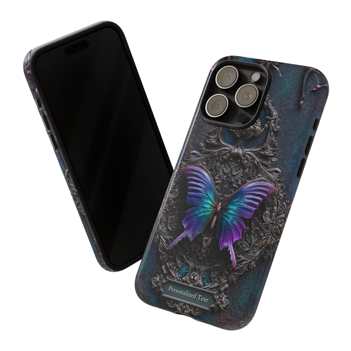 Gothic Butterfly Phone Case - Purple and Teal Wings on Ornate Frame - Personalized Text Available (MATTE VERSION)