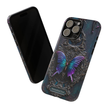 Gothic Butterfly Phone Case - Purple and Teal Wings on Ornate Frame - Personalized Text Available (MATTE VERSION)
