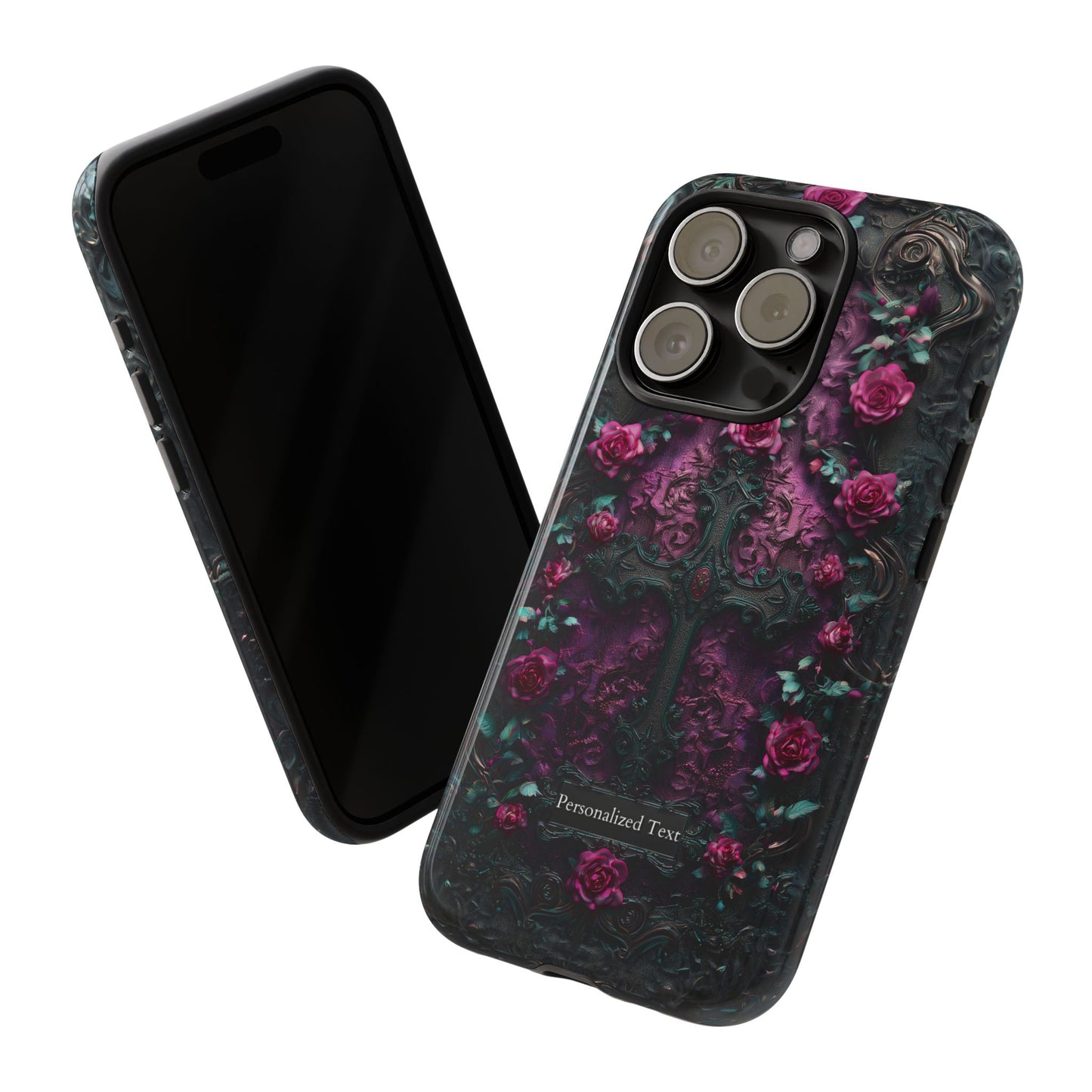 Gothic Rose Cross Phone Case - Dark Floral Baroque Design with Personalization Option (MATTE FINISH)