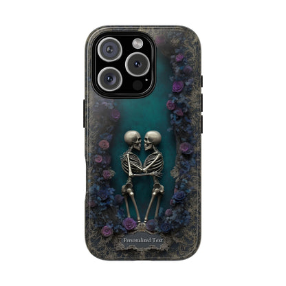 Eternal Lovers Skeleton Phone Case - Gothic Romance Design with Roses and Personalized Text Option (MATTE FINISH)