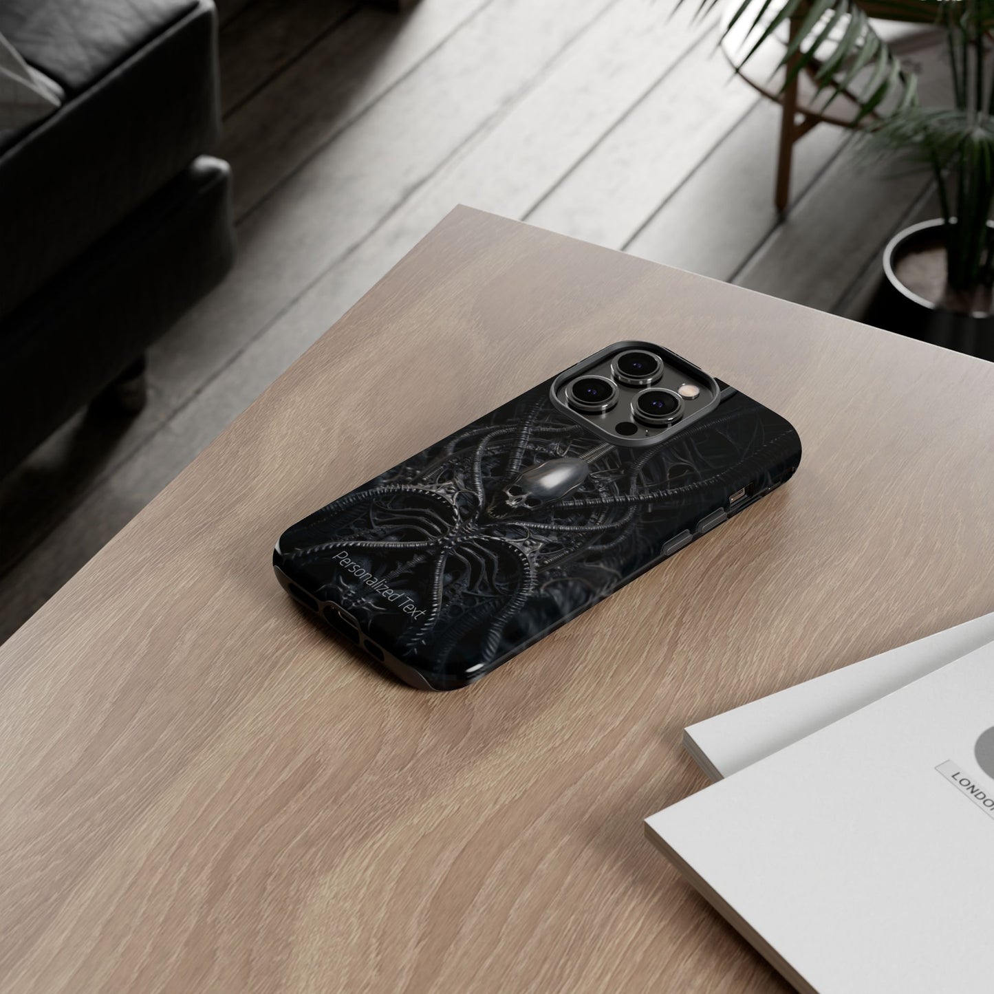 Biomechanical Skull Phone Case – Dark Sci-Fi Gothic Design with Optional Personalized Text