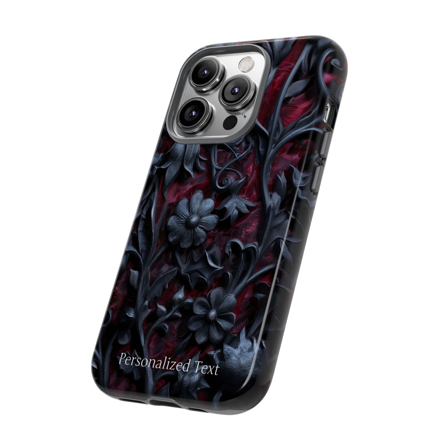 Gothic Floral Phone Case – Dark Red & Black Baroque Botanical Design with Optional Personalized Text