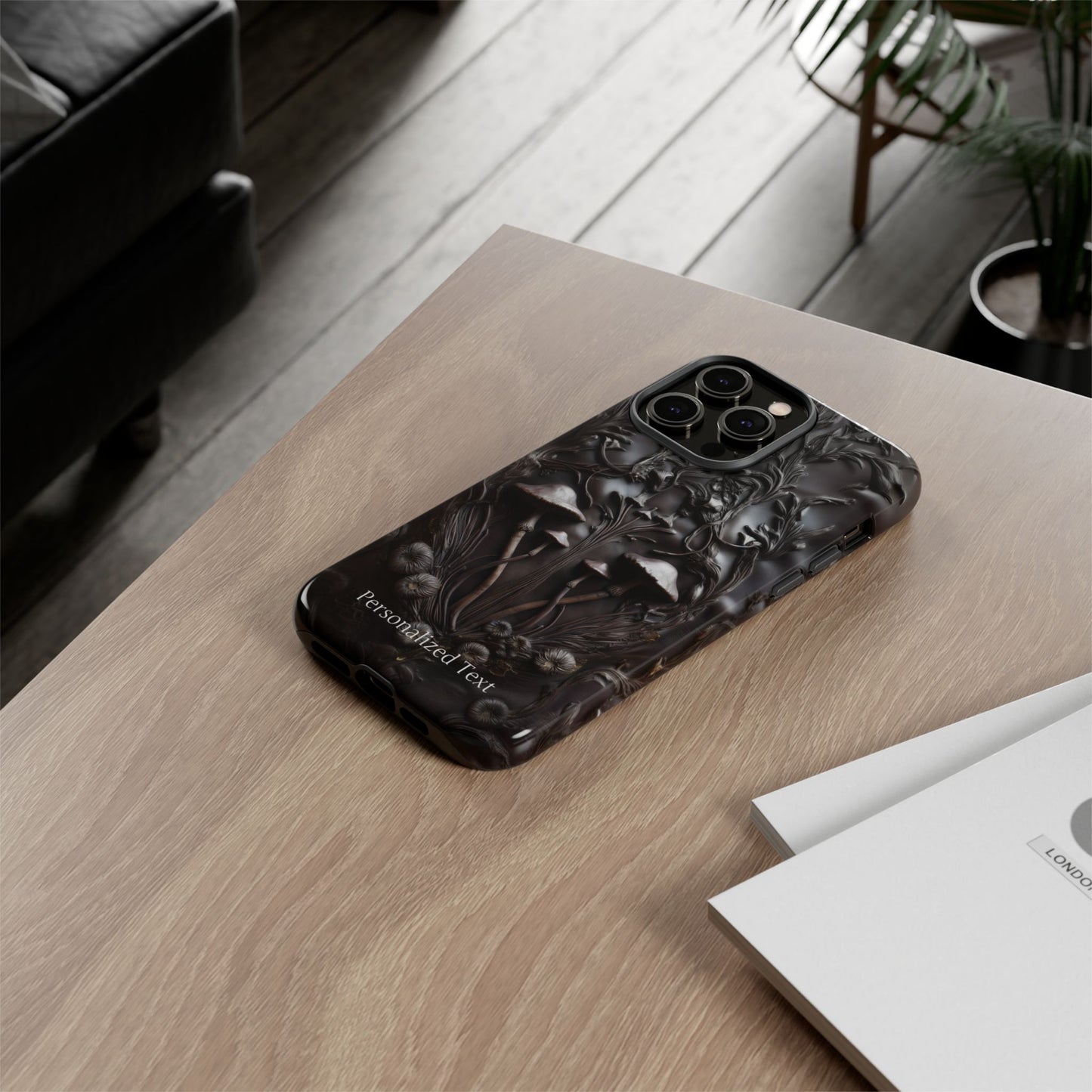 Dark Mushroom Phone Case – Gothic Forest Fungi Design with Optional Personalized Text, Naturecore Aesthetic Cover