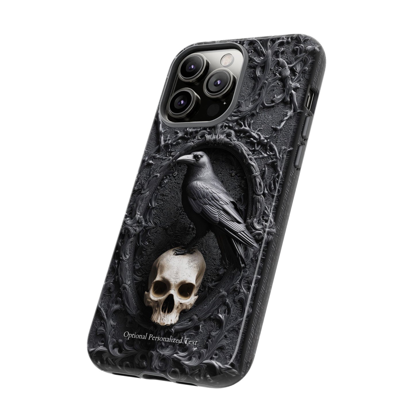 Gothic Raven and Skull Phone Case - Dark Baroque Style with Optional Personalized Text (GLOSSY VERSION)