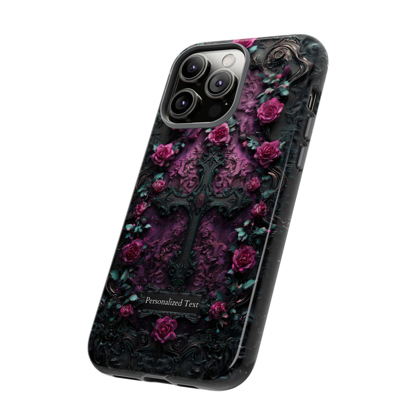 Gothic Rose Cross Phone Case - Dark Floral Baroque Design with Personalization Option (GLOSSY FINISH)