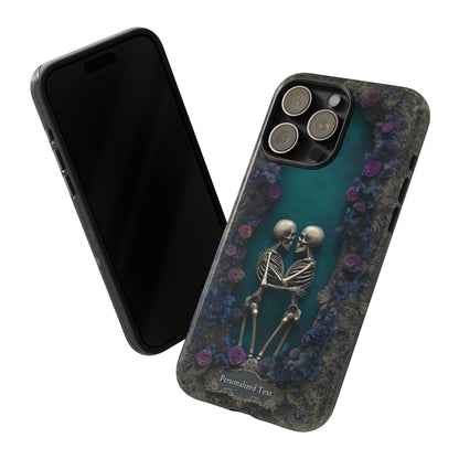 Eternal Lovers Skeleton Phone Case - Gothic Romance Design with Roses and Personalized Text Option (GLOSSY FINISH)