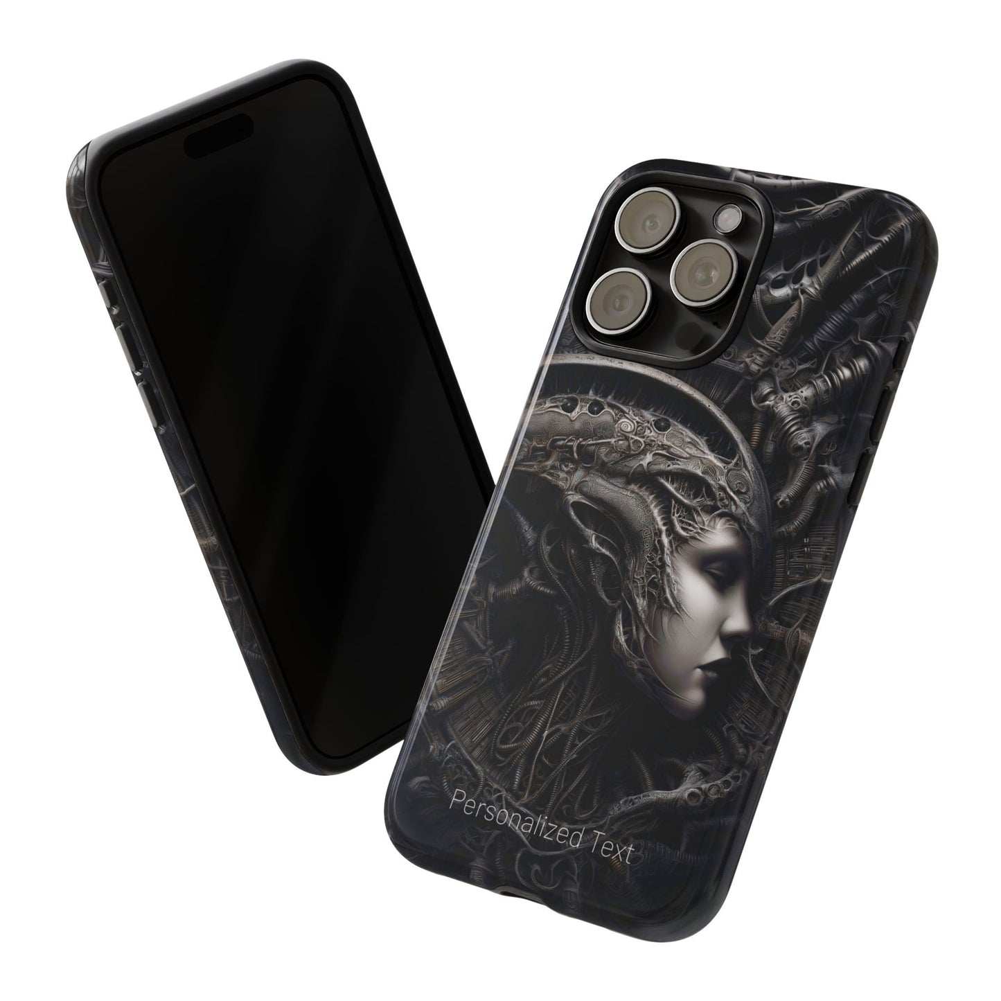 Biomechanical Gothic Phone Case – Dark Sci-Fi Alien Queen Portrait with Optional Personalized Text