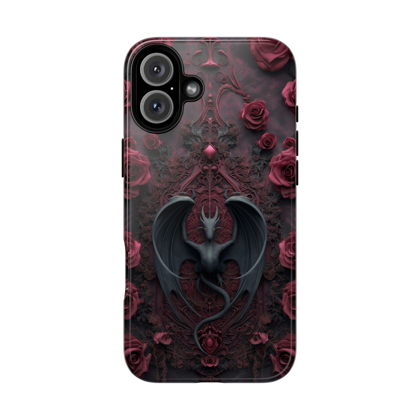 Gothic Dragon Rose Phone Case – Dark Fantasy Dragon with Crimson Roses and Optional Personalized Text